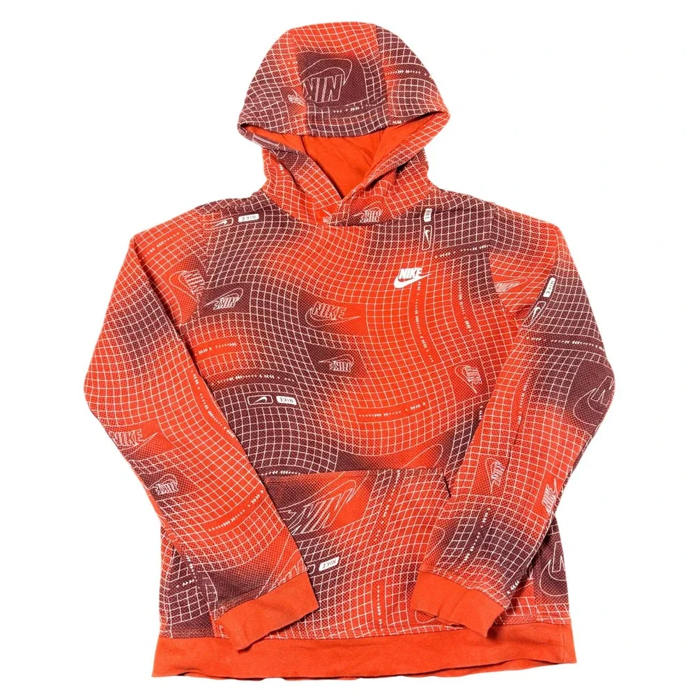 Nike Kids XL Orange Grid Warp All Over Print‎ Pullover Hoodie Swoosh Logo
